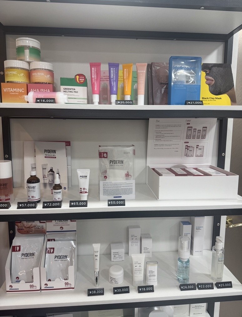 Pharmacy shelf in Seoul stocked with Korean skincare