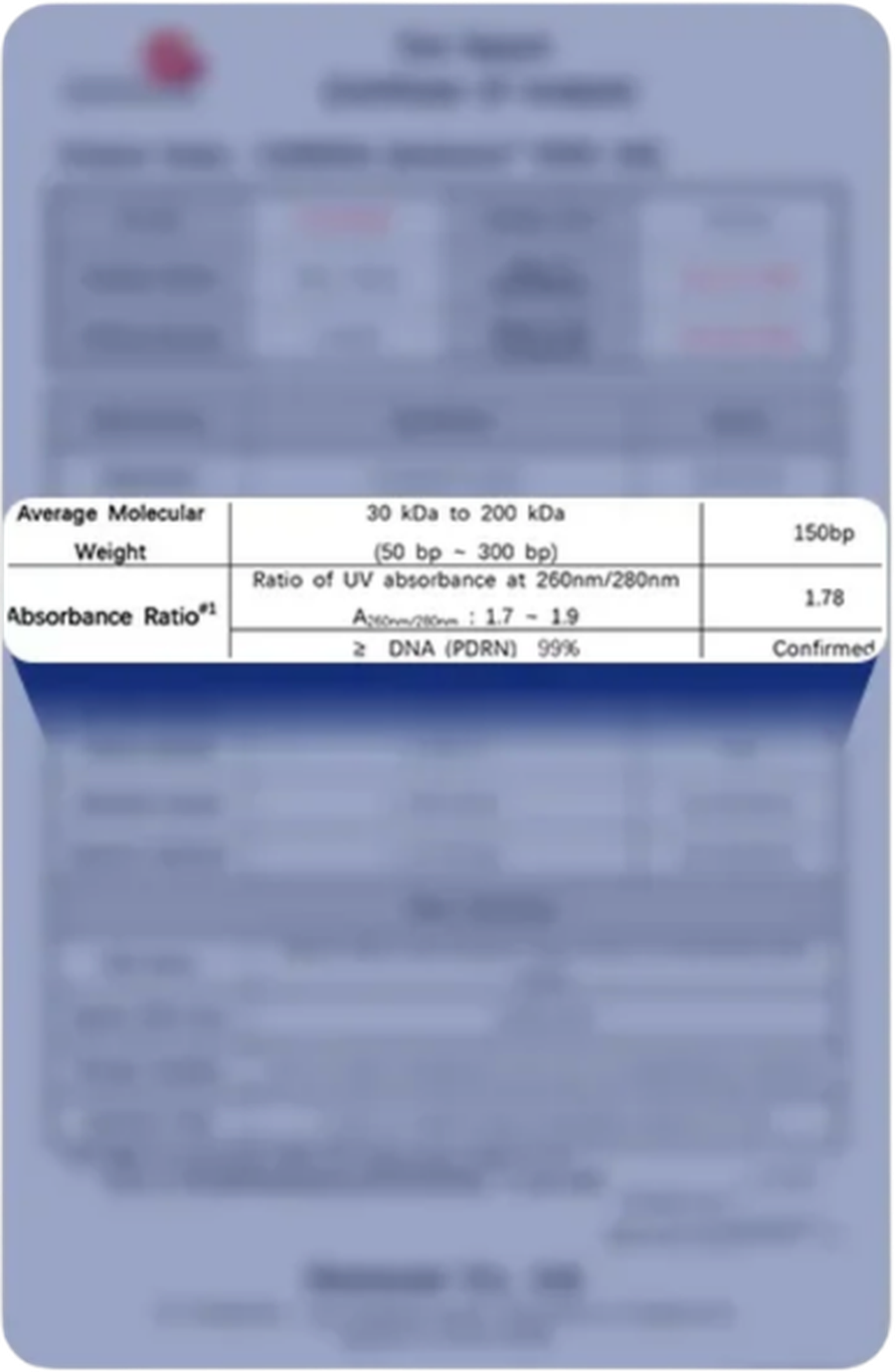 Pyderin certificate of analysis, showing DNA (PDRN) at 99 percent or higher, molecular weight 30 to 200 kDa measured at 150 base pairs, and a 260/280nm absorbance ratio of 1.78