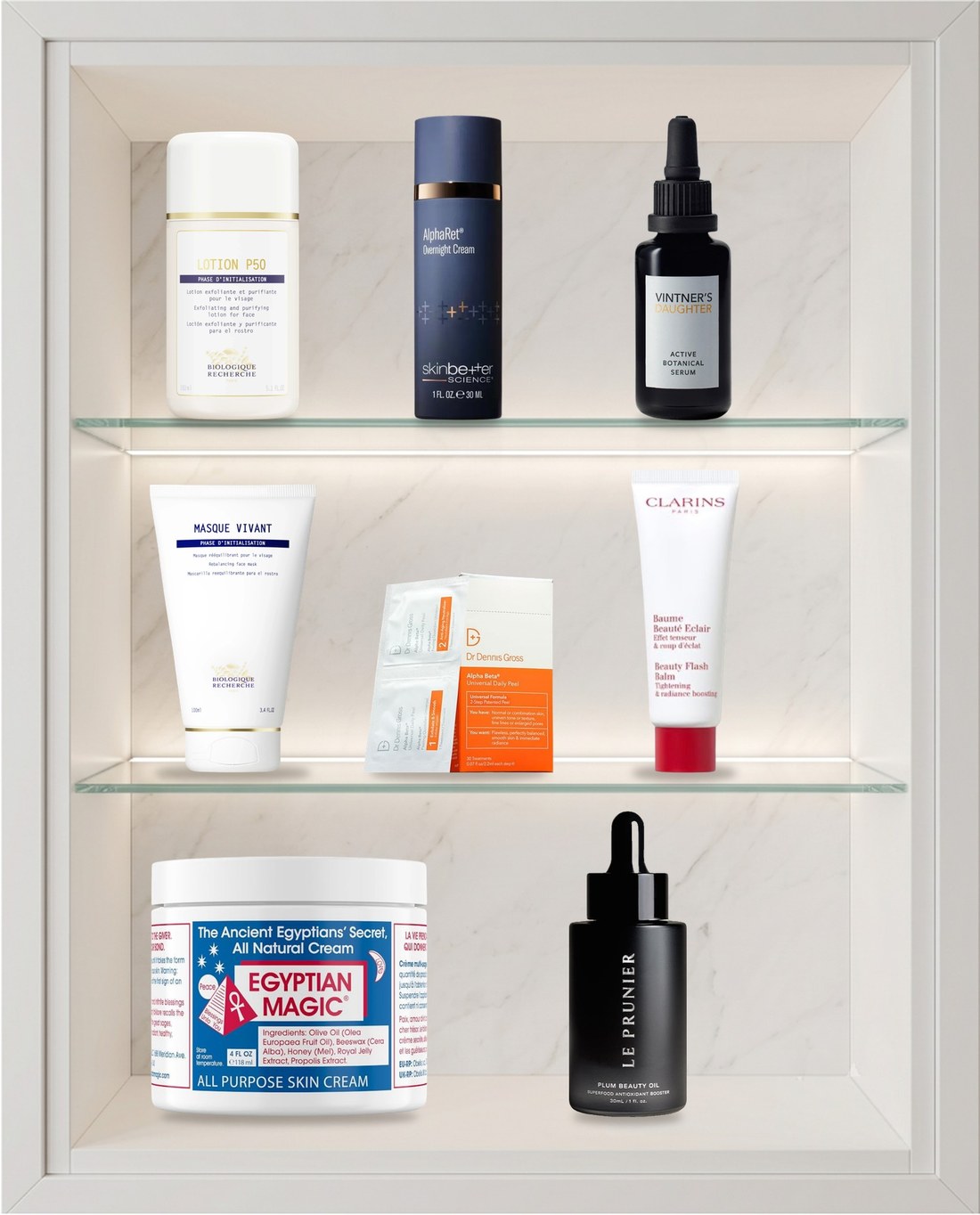 Seven skincare products with no dupe, arranged on a shelf