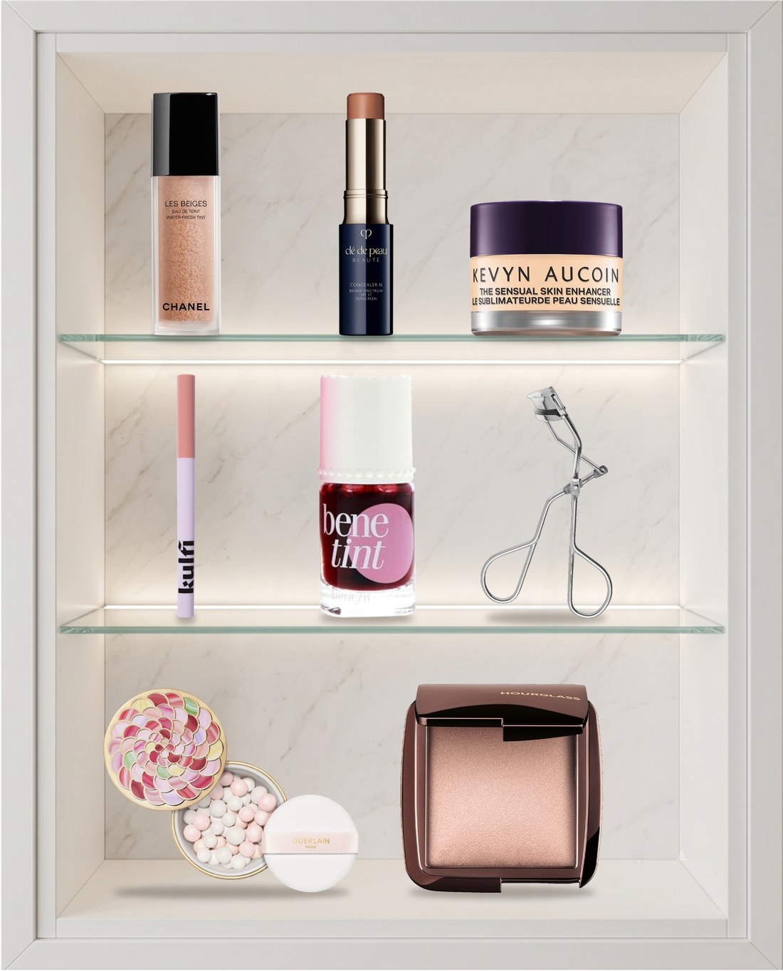 Six makeup products with no dupe, arranged on a shelf