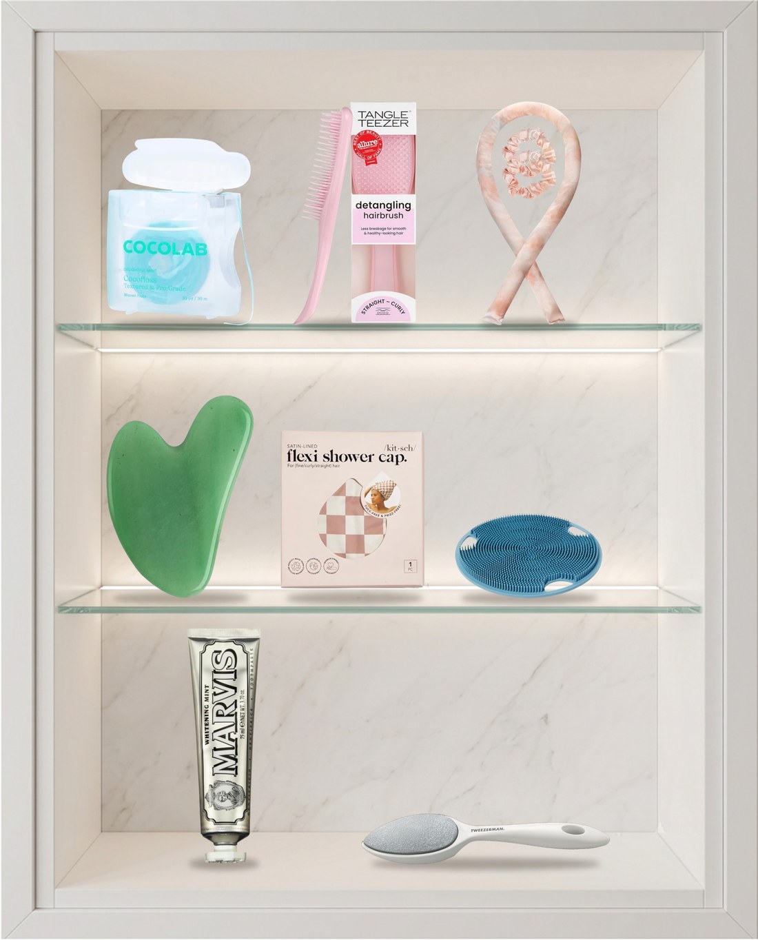 Eight inexpensive everyday objects arranged on a shelf