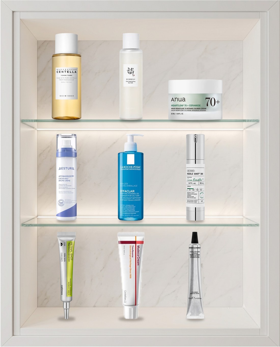 Eight calming Korean and French pharmacy skincare products arranged on a shelf
