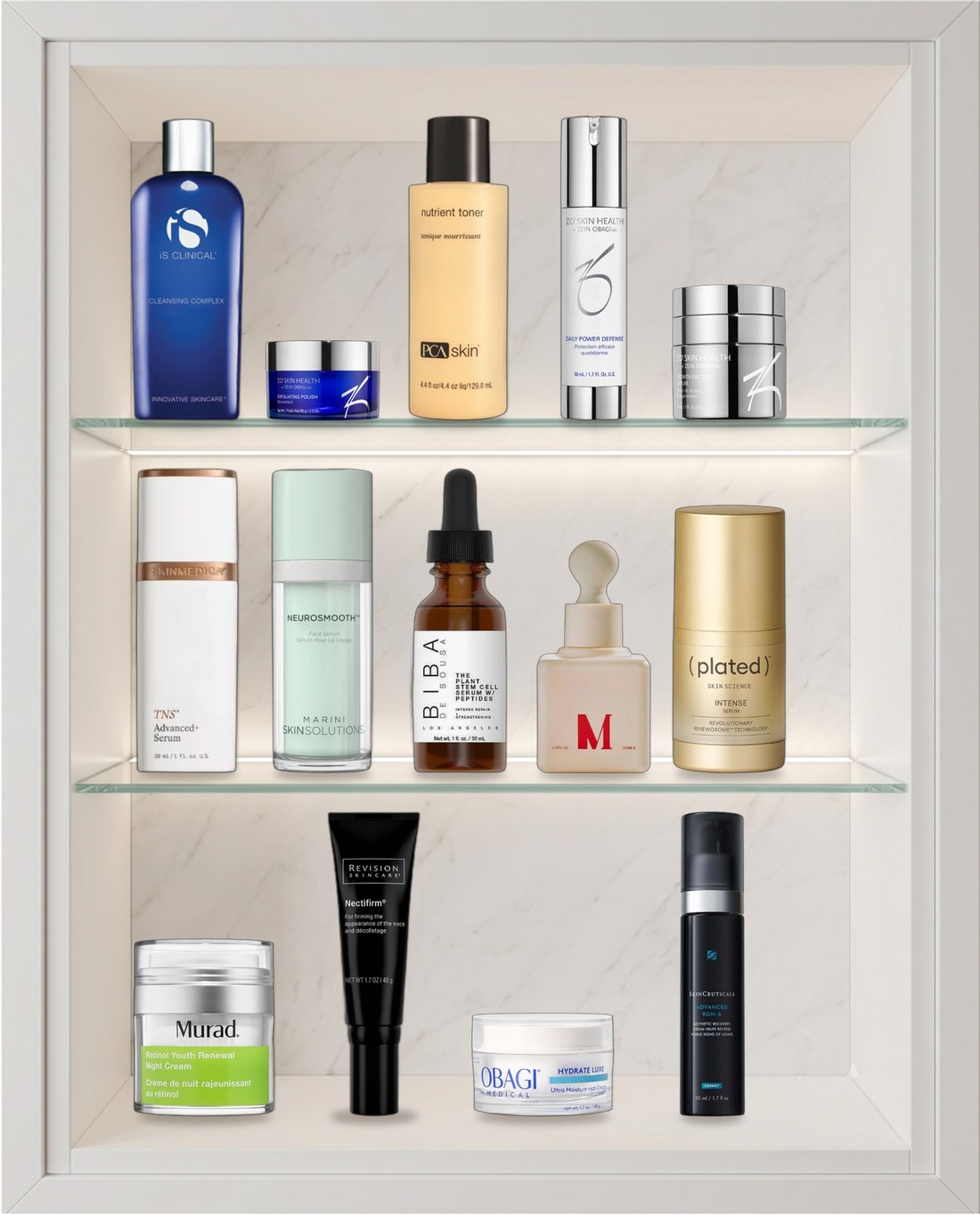 Fifteen professional skincare products arranged on a shelf