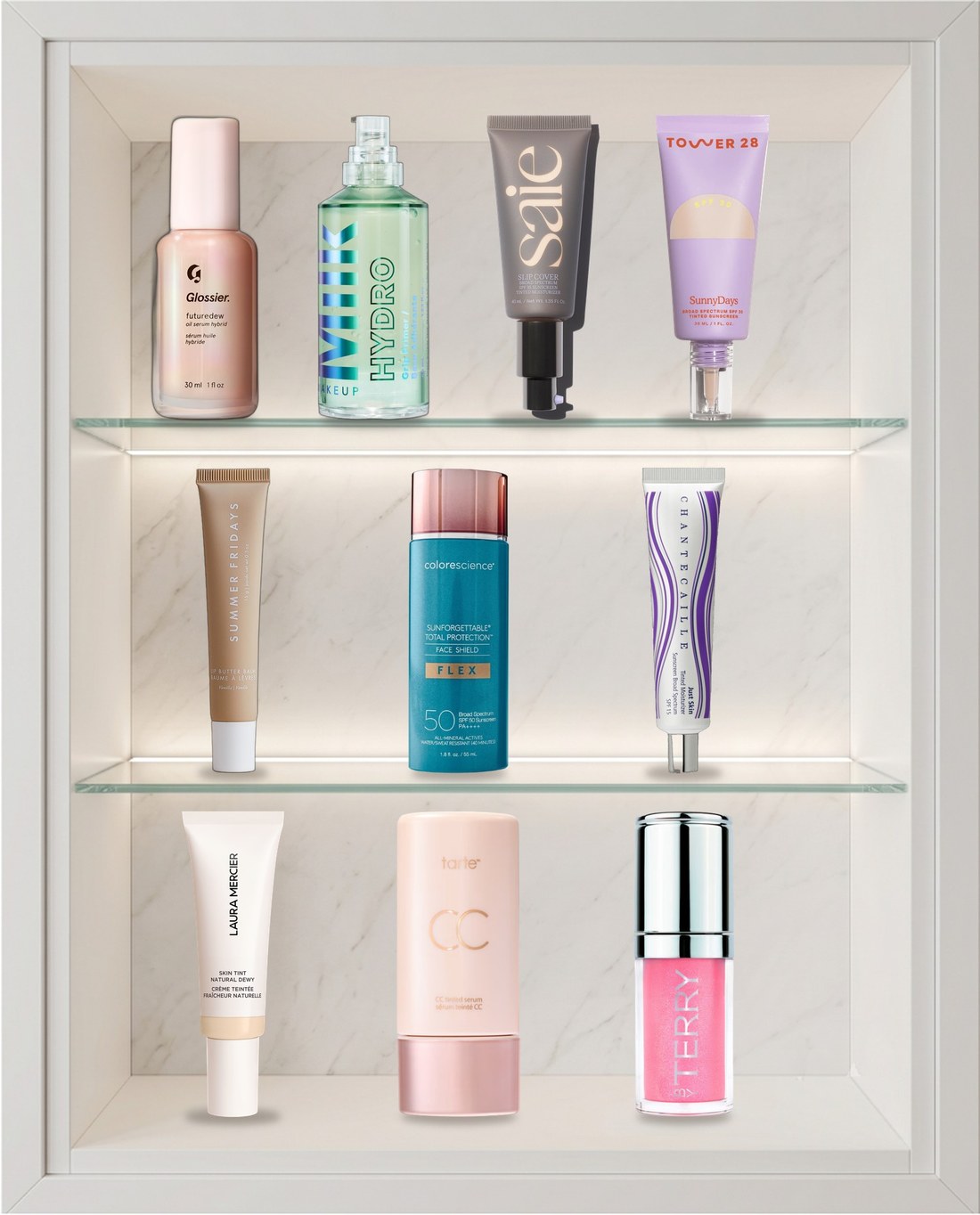 Five makeup and skincare hybrid products arranged on a shelf
