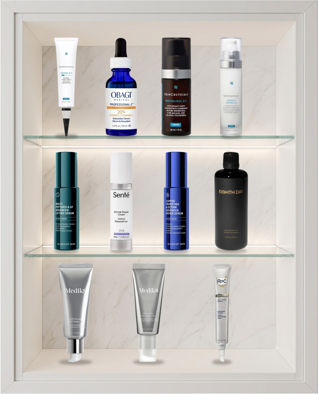 Nine professional skincare products arranged on a shelf