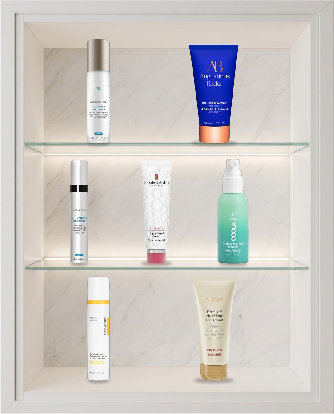 Eight products for the zones a routine forgets arranged on a shelf